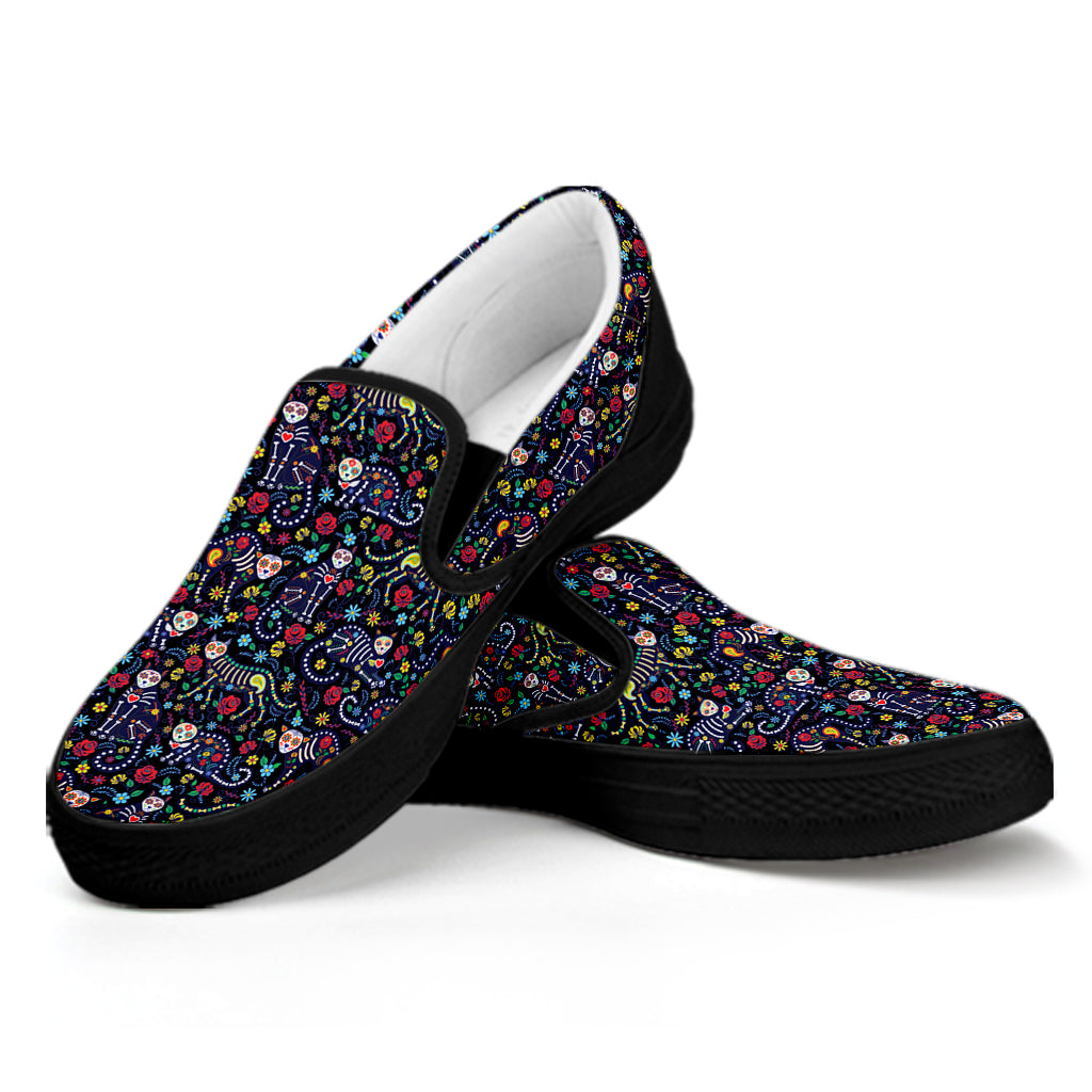 Day Of The Dead Calavera Cat Print Black Slip On Shoes