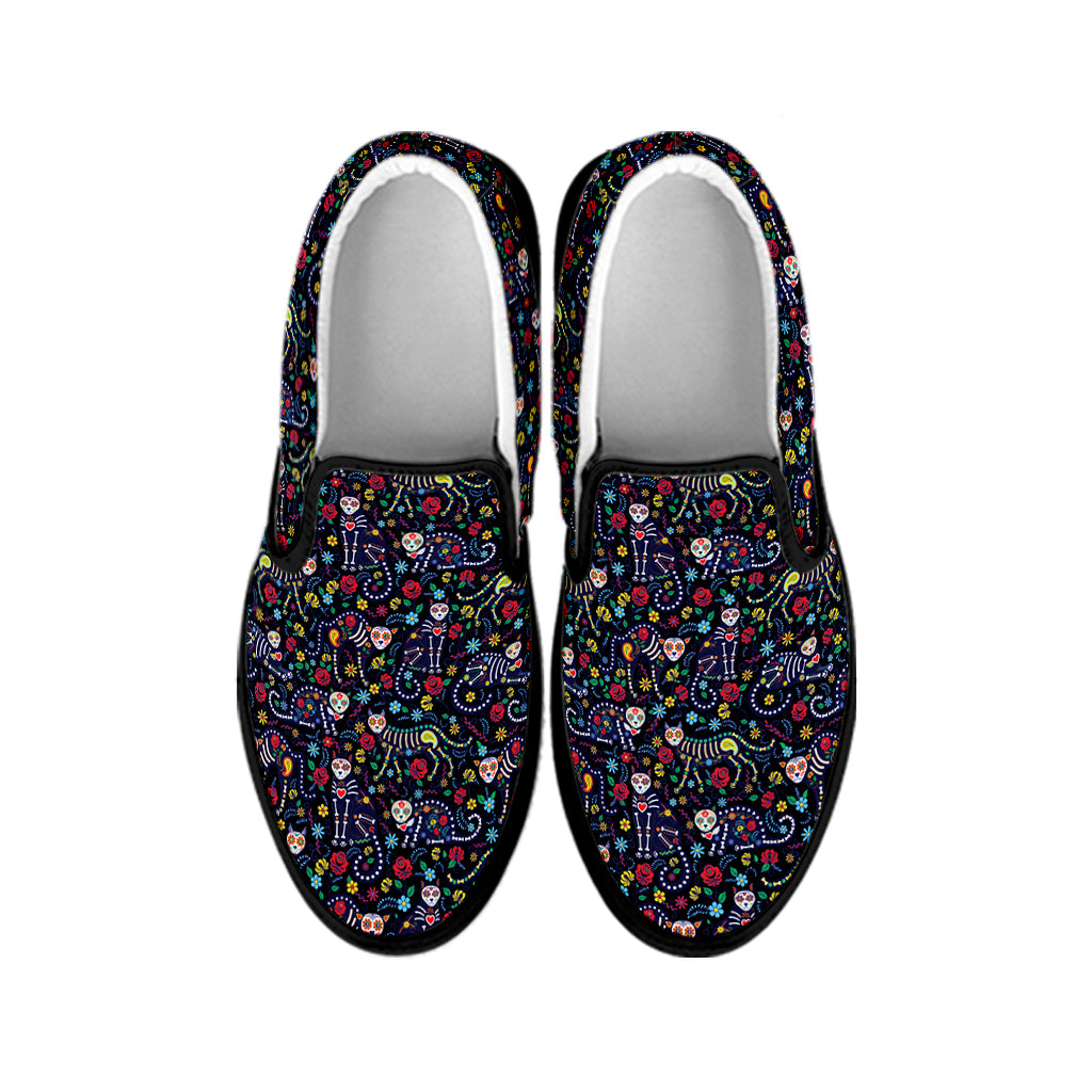 Day Of The Dead Calavera Cat Print Black Slip On Shoes