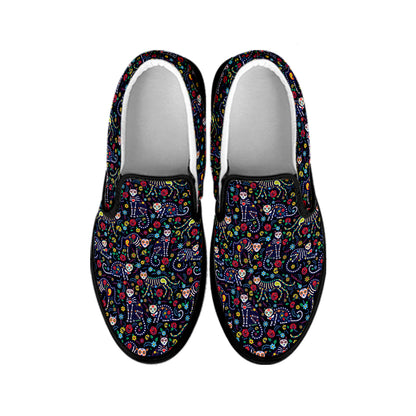 Day Of The Dead Calavera Cat Print Black Slip On Shoes