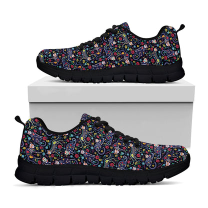 Day Of The Dead Calavera Cat Print Black Sneakers