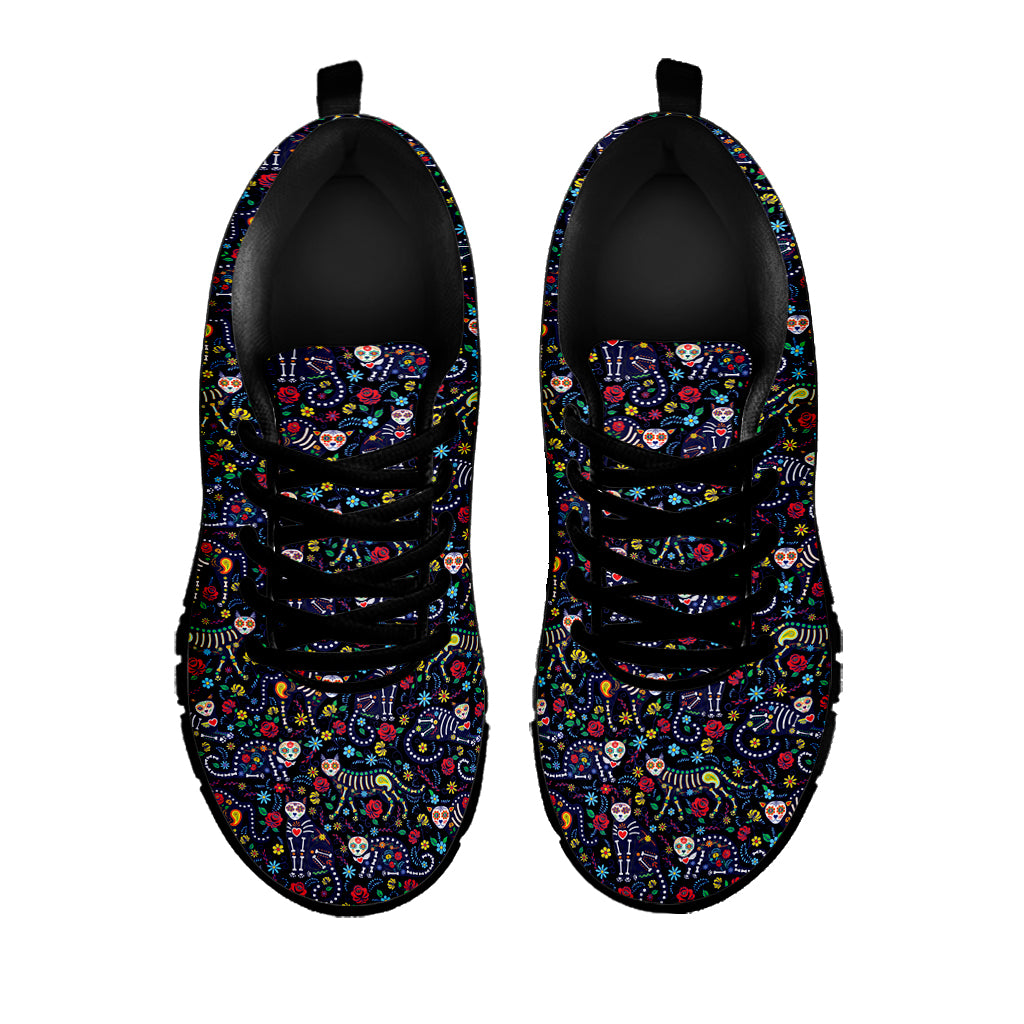 Day Of The Dead Calavera Cat Print Black Sneakers
