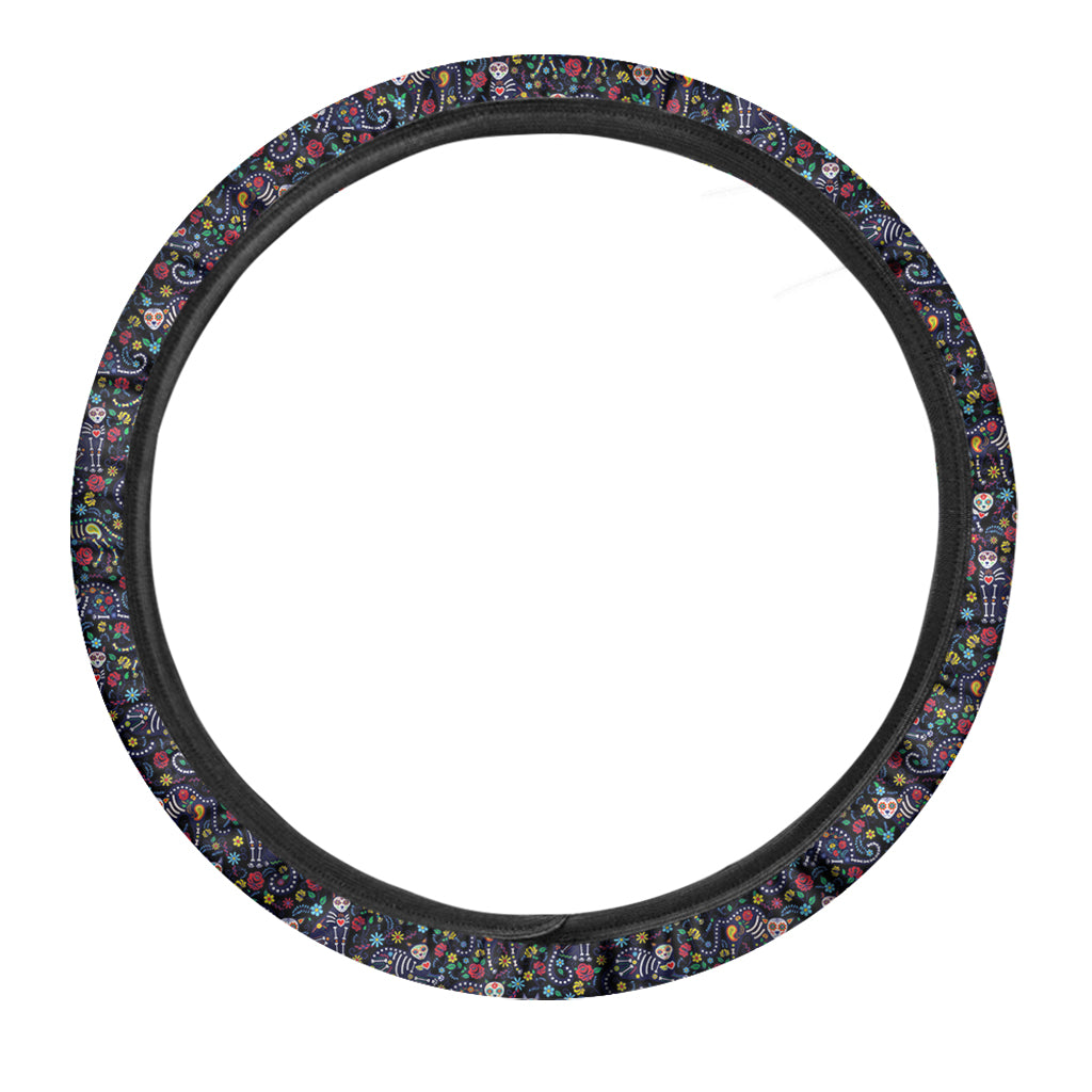 Day Of The Dead Calavera Cat Print Car Steering Wheel Cover