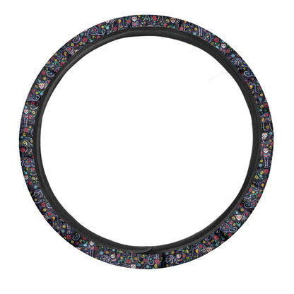 Day Of The Dead Calavera Cat Print Car Steering Wheel Cover