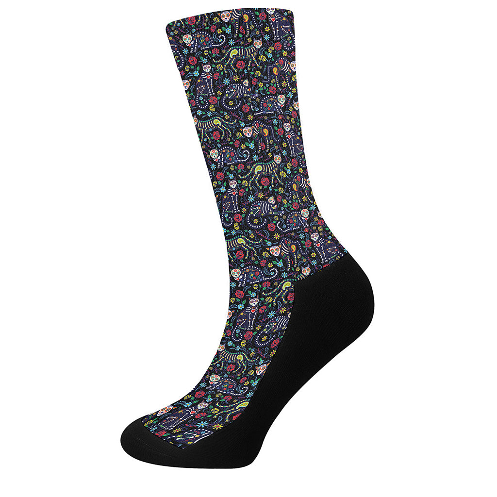 Day Of The Dead Calavera Cat Print Crew Socks