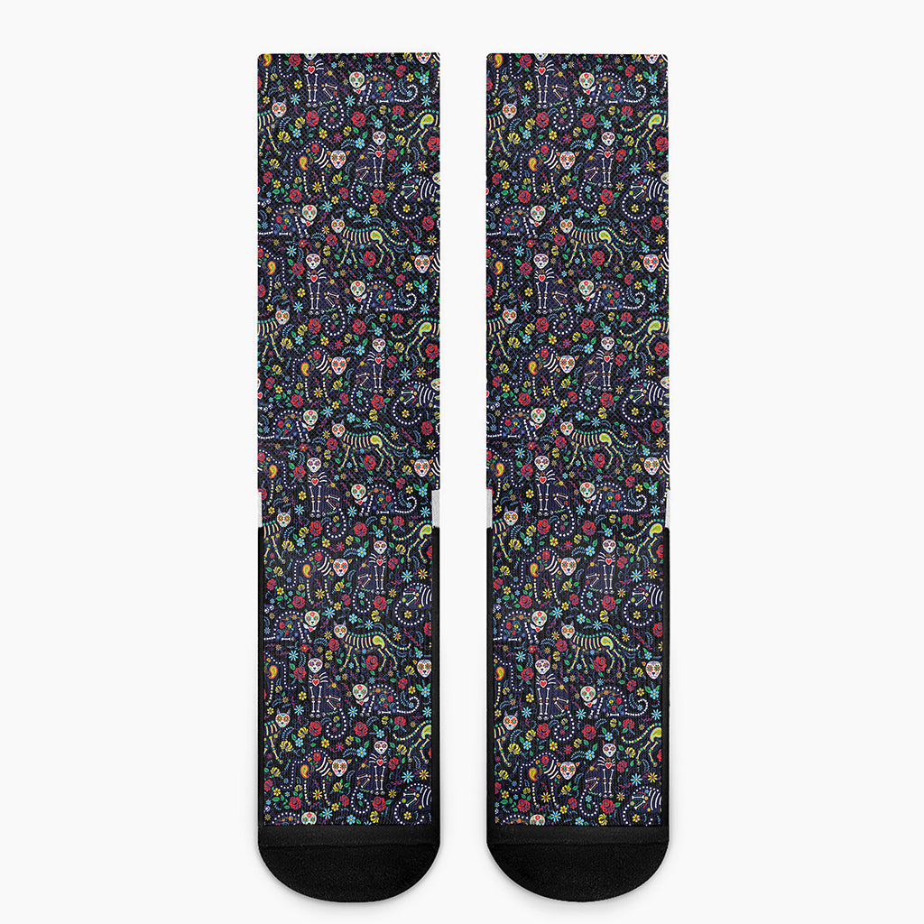 Day Of The Dead Calavera Cat Print Crew Socks