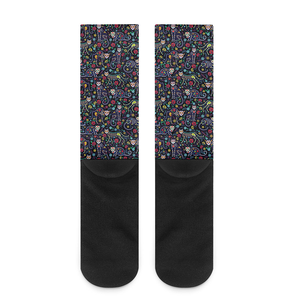 Day Of The Dead Calavera Cat Print Crew Socks