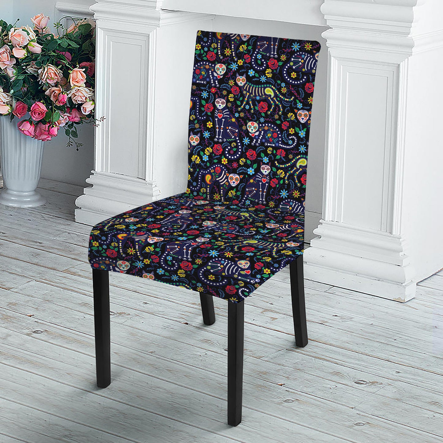 Day Of The Dead Calavera Cat Print Dining Chair Slipcover