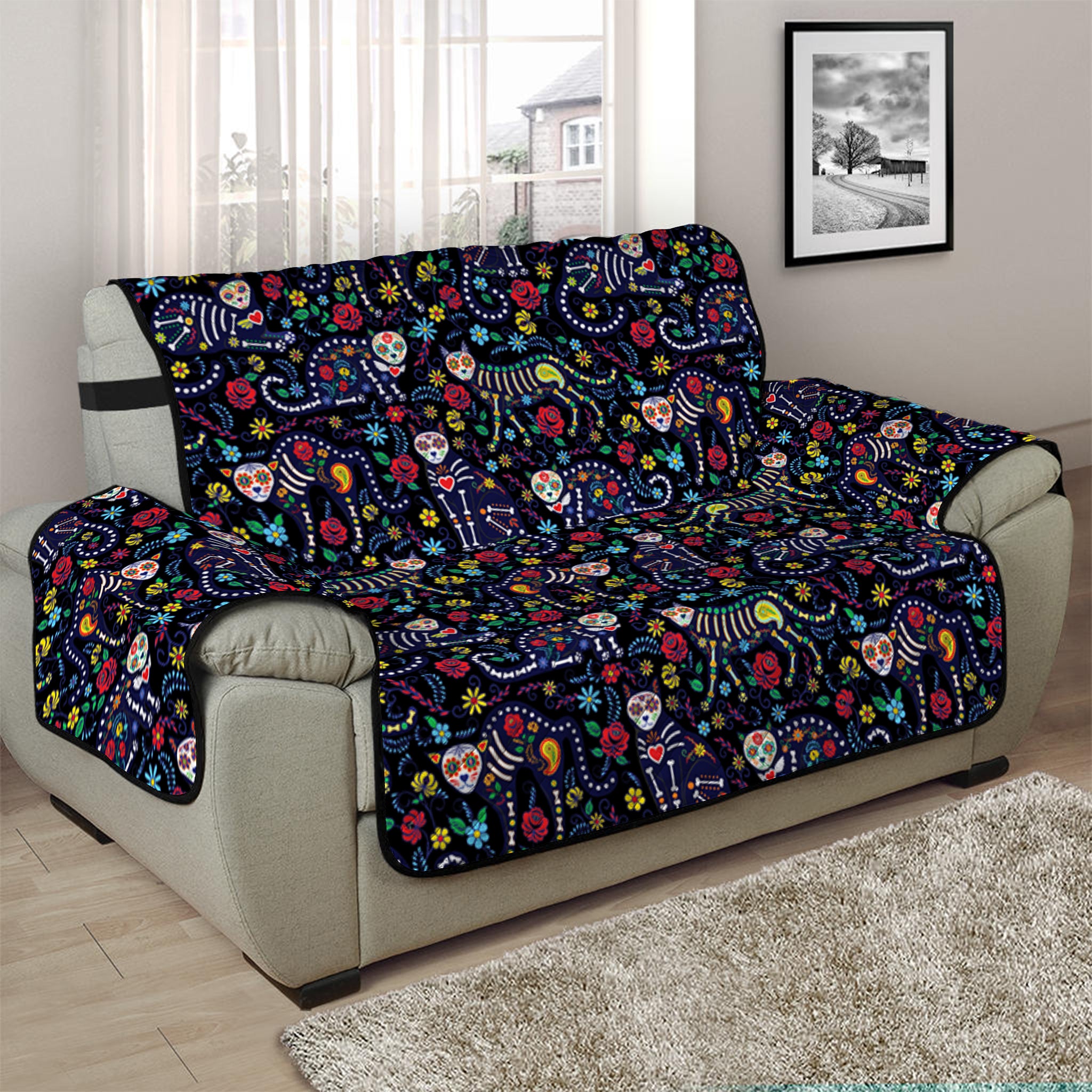 Day Of The Dead Calavera Cat Print Half Sofa Protector