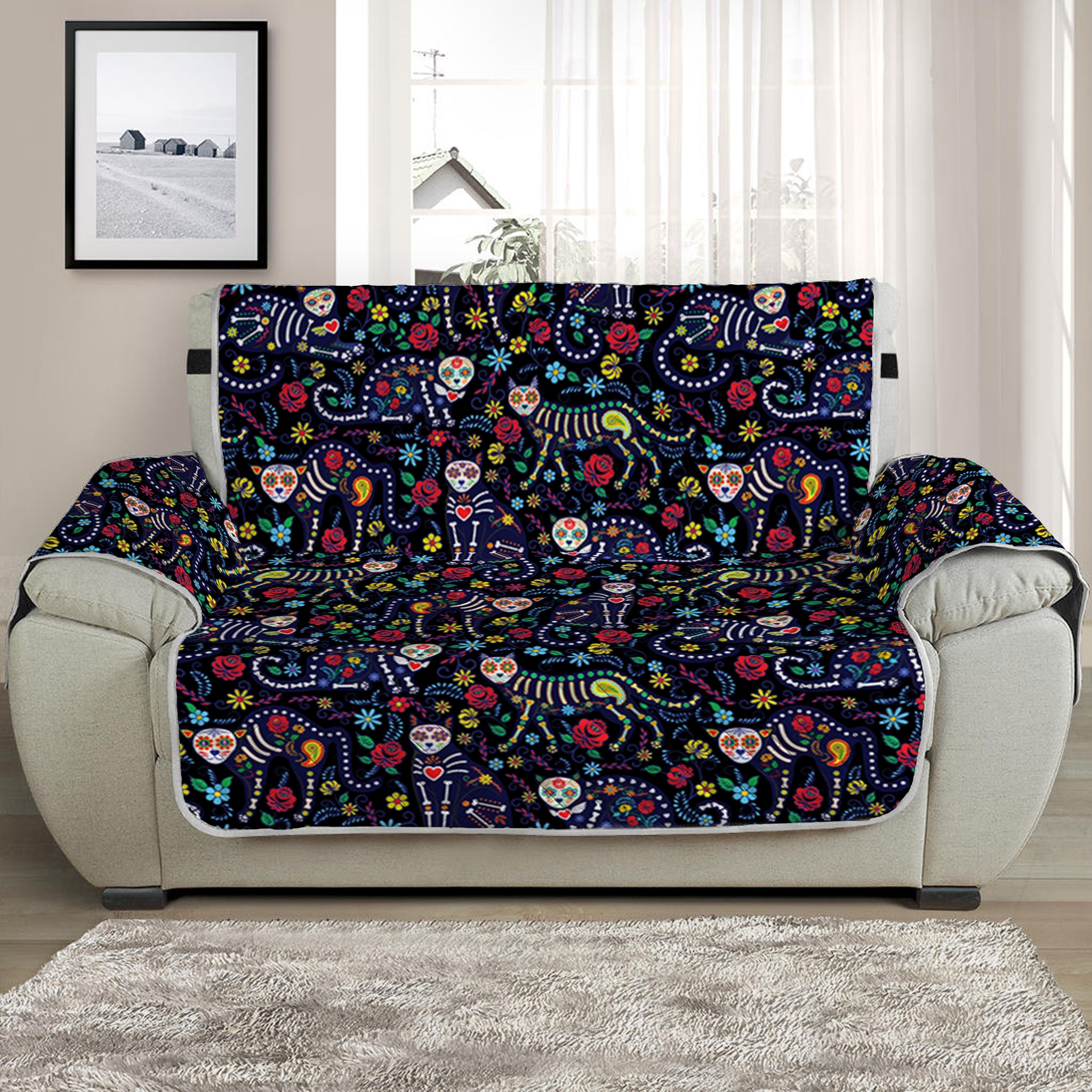 Day Of The Dead Calavera Cat Print Half Sofa Protector