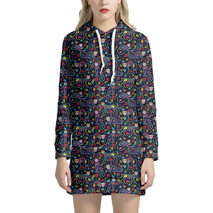 Day Of The Dead Calavera Cat Print Hoodie Dress