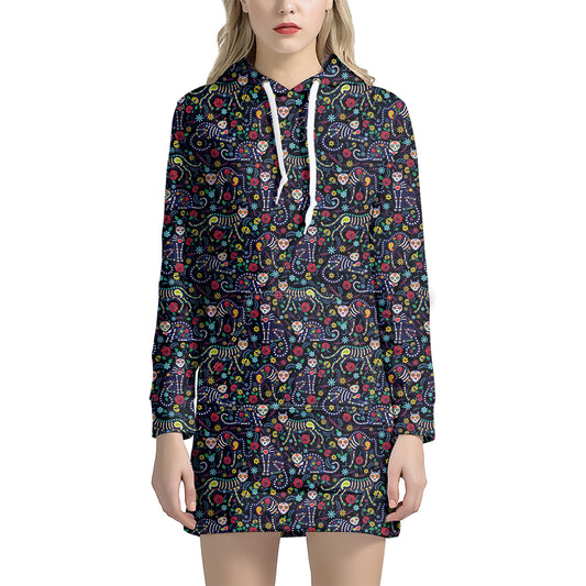 Day Of The Dead Calavera Cat Print Hoodie Dress