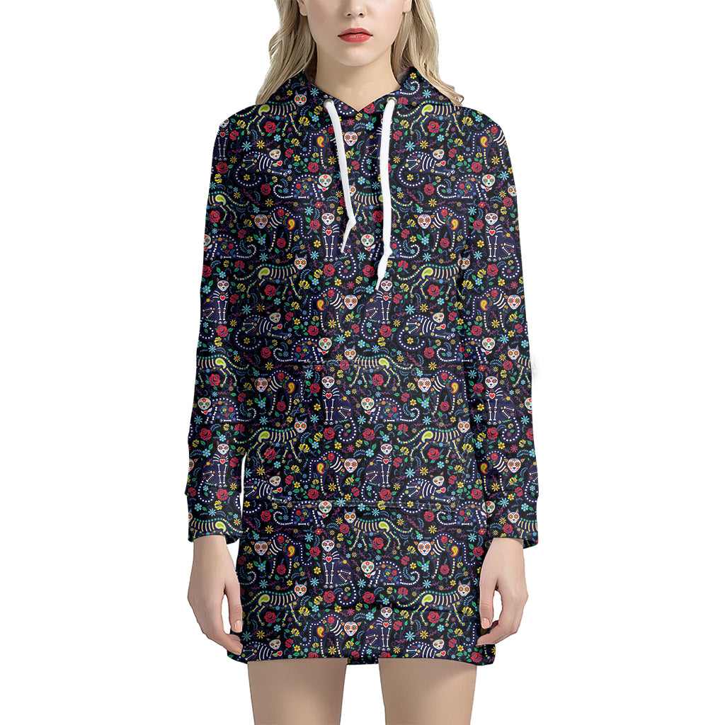 Day Of The Dead Calavera Cat Print Hoodie Dress