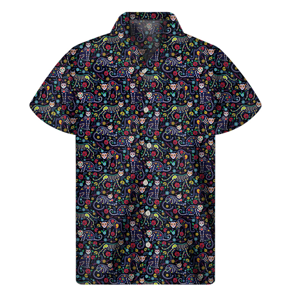 Day Of The Dead Calavera Cat Print Men's Short Sleeve Shirt
