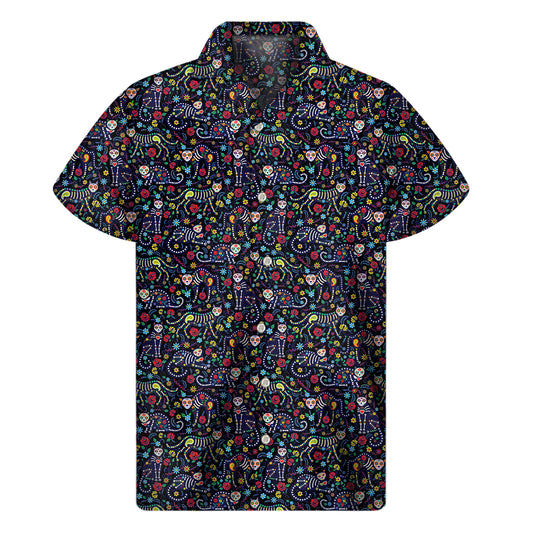 Day Of The Dead Calavera Cat Print Men's Short Sleeve Shirt
