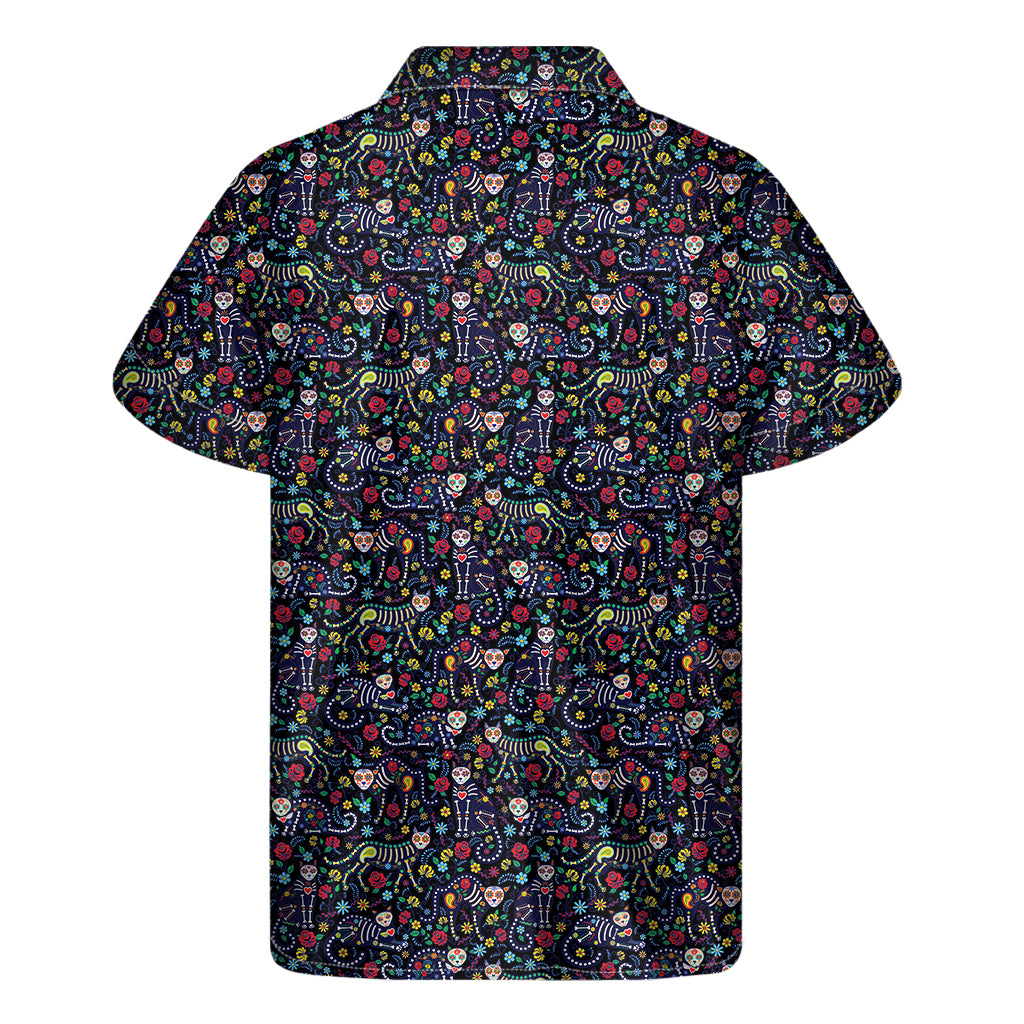 Day Of The Dead Calavera Cat Print Men's Short Sleeve Shirt