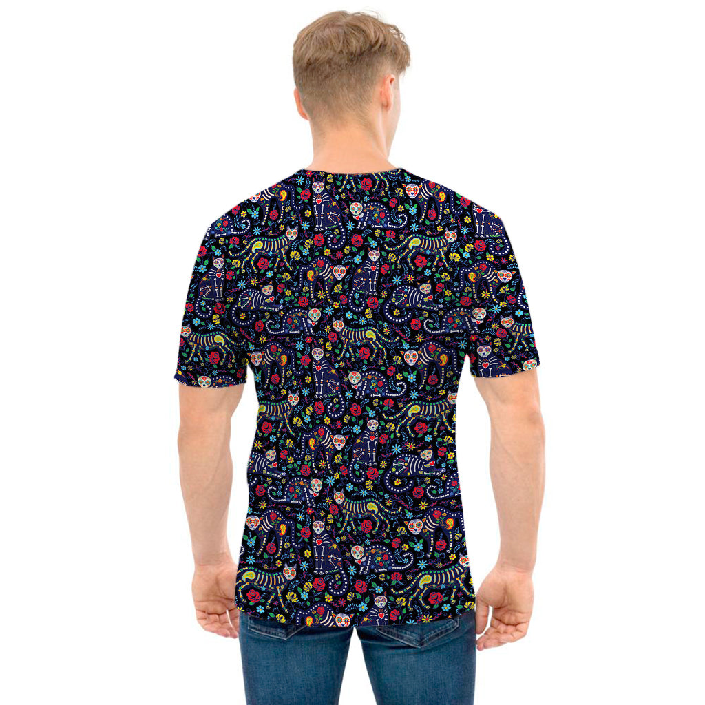 Day Of The Dead Calavera Cat Print Men's T-Shirt