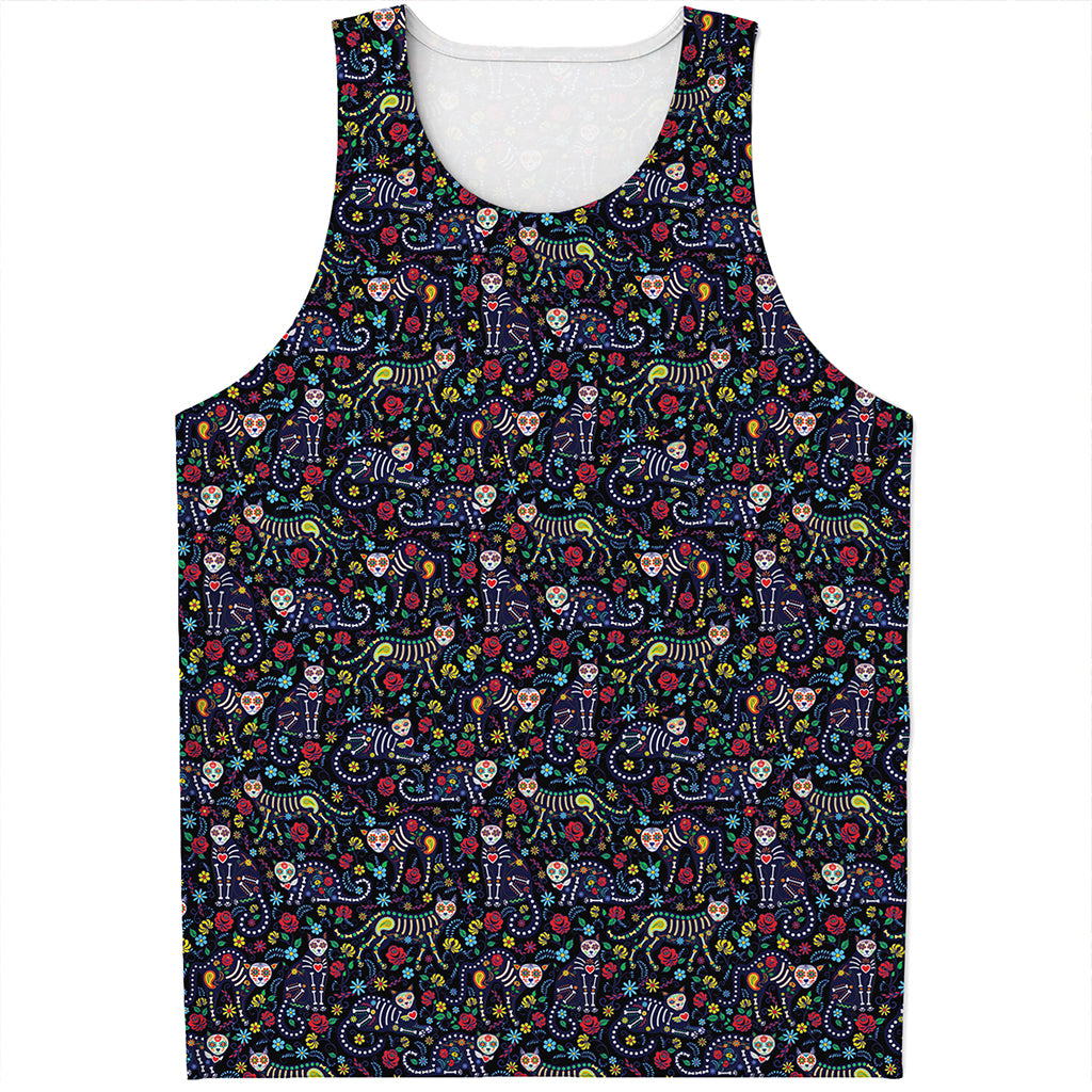 Day Of The Dead Calavera Cat Print Men's Tank Top