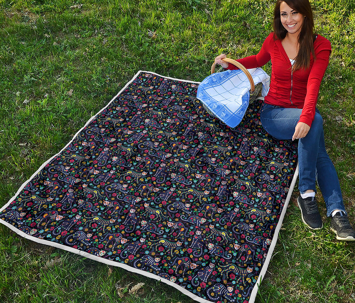 Day Of The Dead Calavera Cat Print Quilt