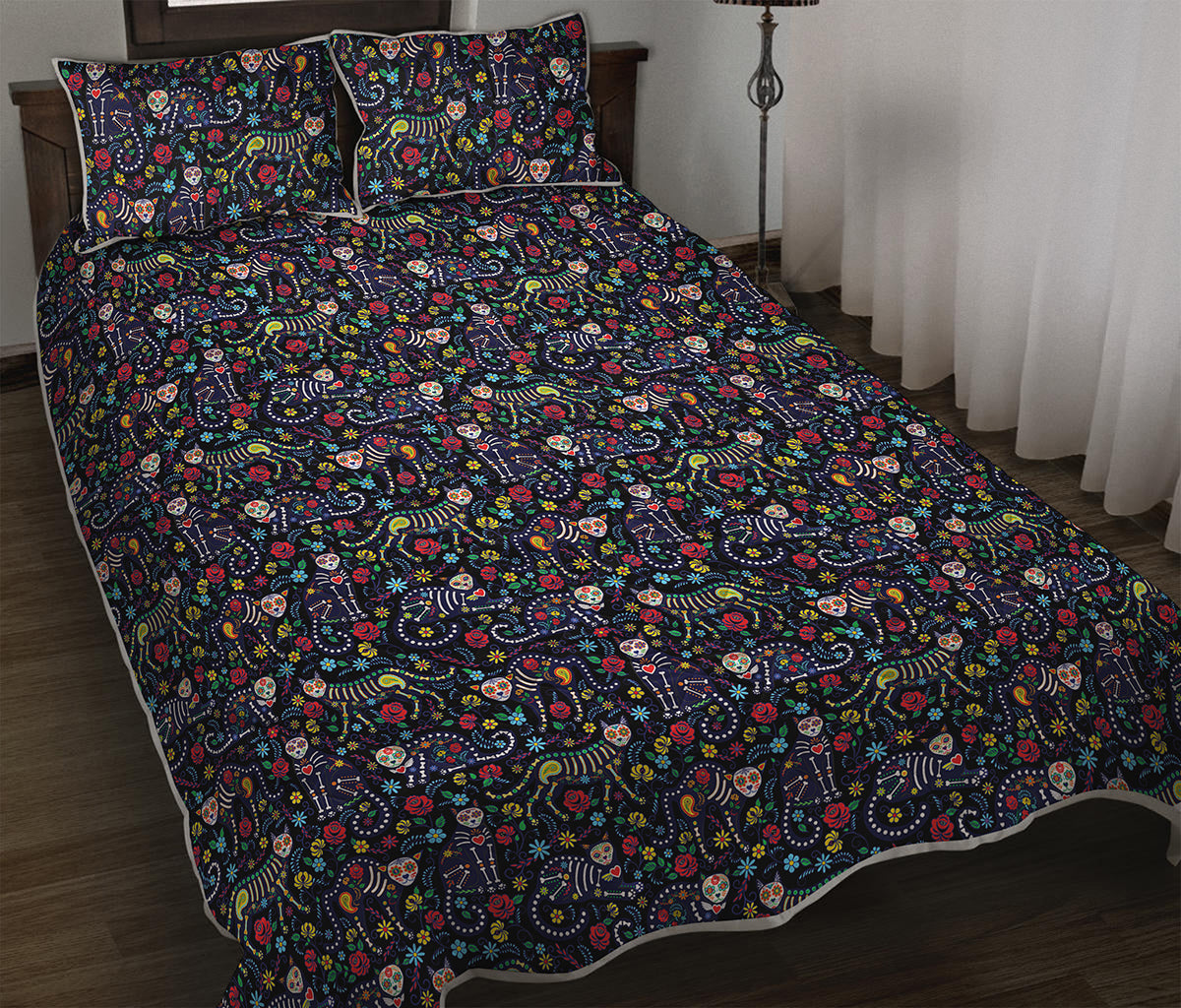 Day Of The Dead Calavera Cat Print Quilt Bed Set