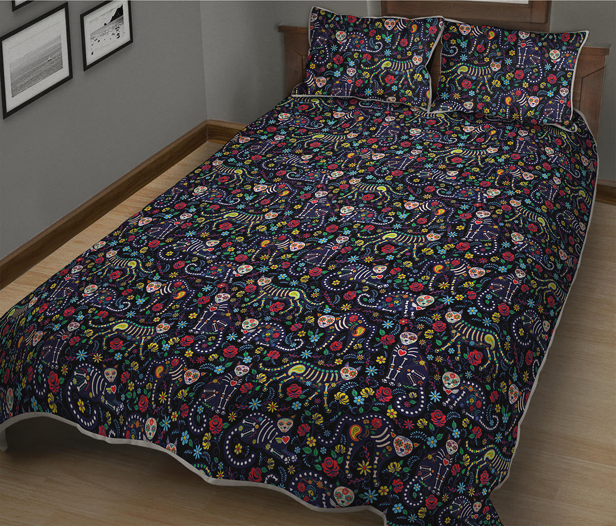 Day Of The Dead Calavera Cat Print Quilt Bed Set