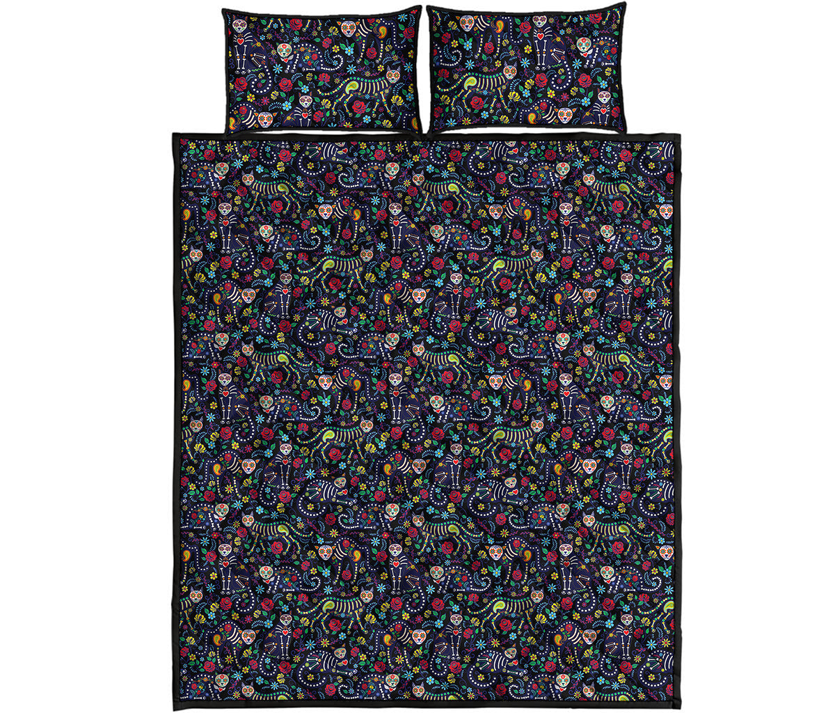 Day Of The Dead Calavera Cat Print Quilt Bed Set