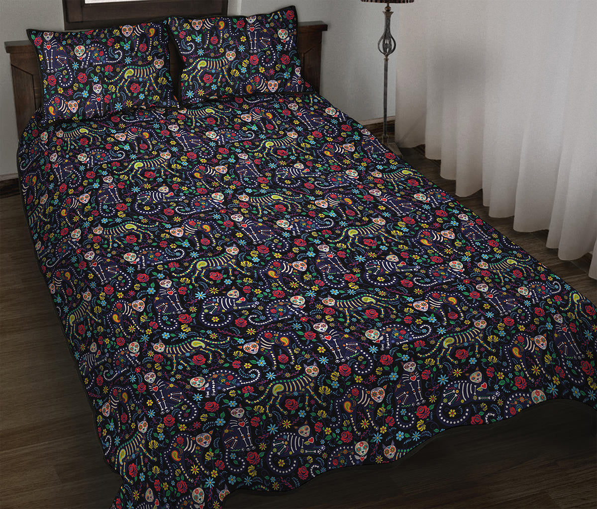 Day Of The Dead Calavera Cat Print Quilt Bed Set