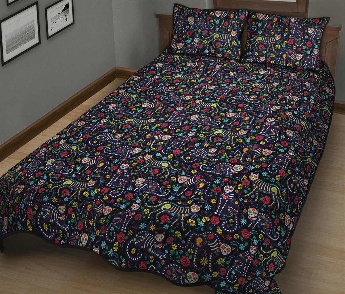 Day Of The Dead Calavera Cat Print Quilt Bed Set