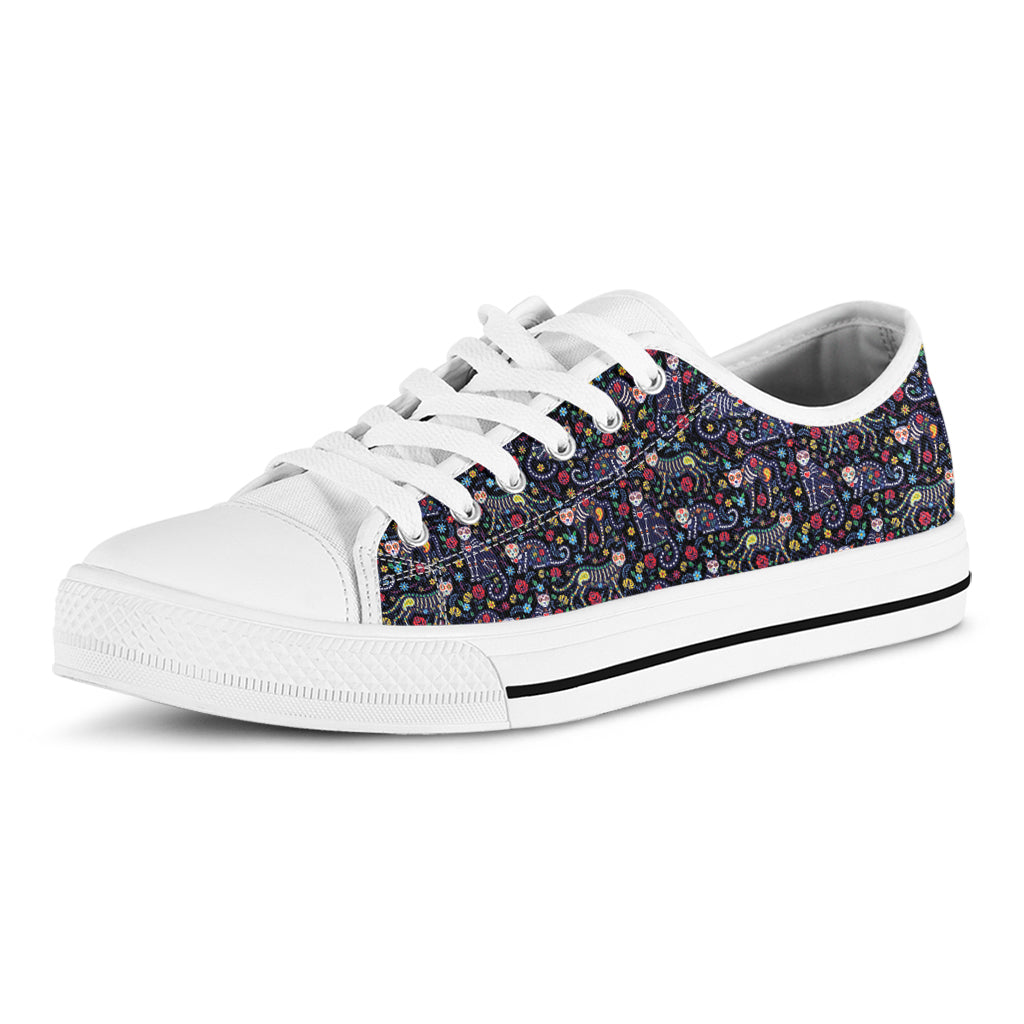 Day Of The Dead Calavera Cat Print White Low Top Shoes