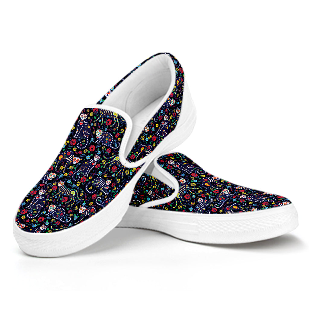Day Of The Dead Calavera Cat Print White Slip On Shoes