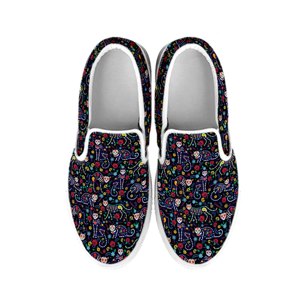 Day Of The Dead Calavera Cat Print White Slip On Shoes