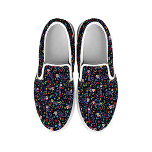 Day Of The Dead Calavera Cat Print White Slip On Shoes