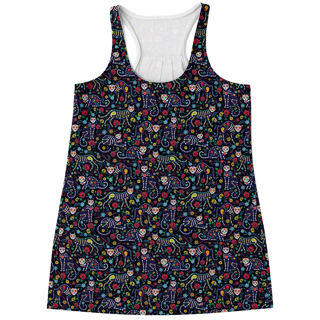 Day Of The Dead Calavera Cat Print Women's Racerback Tank Top