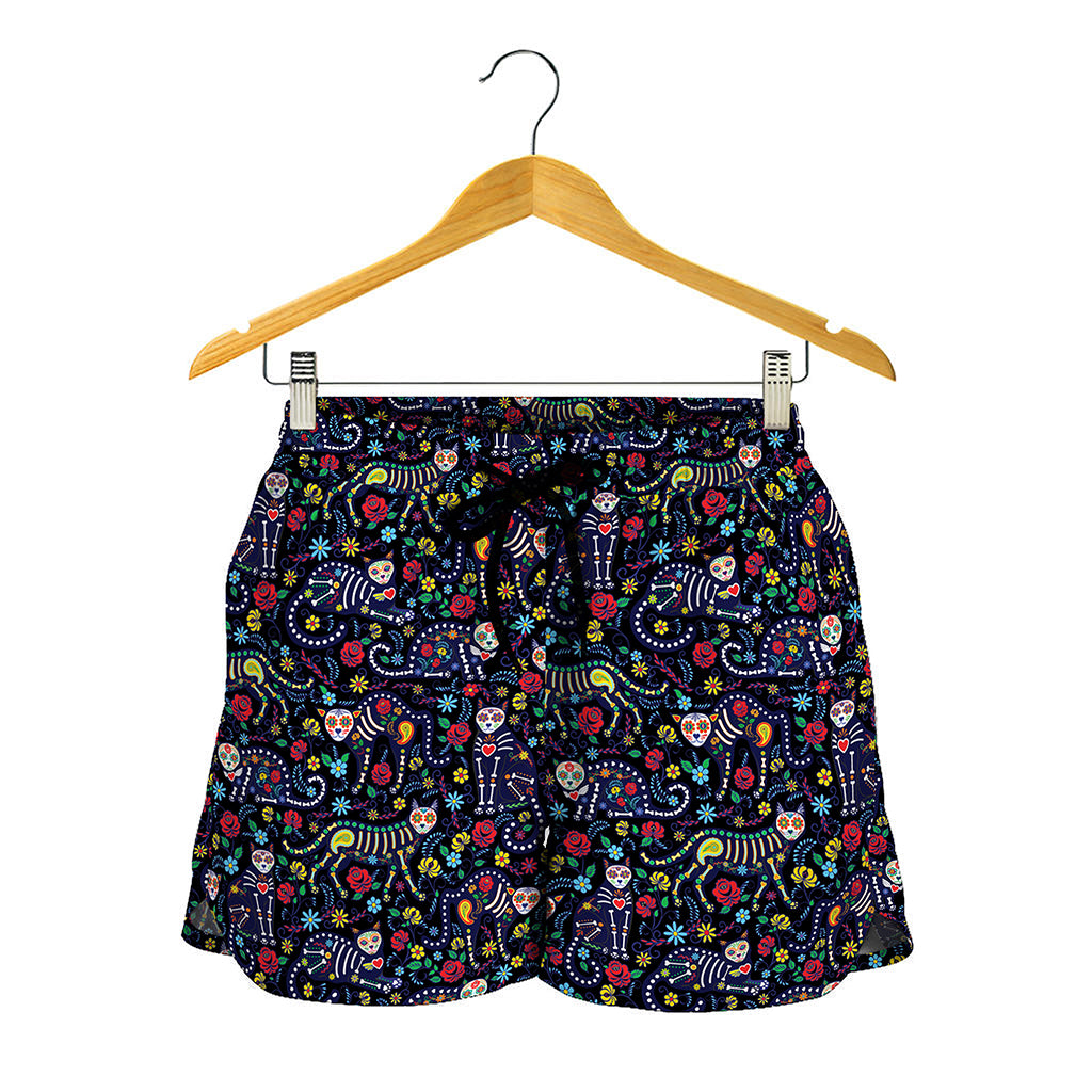 Day Of The Dead Calavera Cat Print Women's Shorts