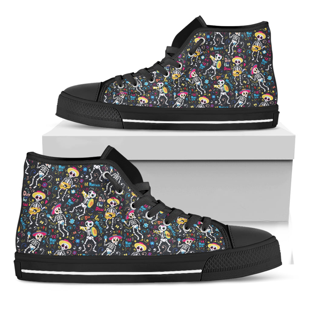 Day Of The Dead Mariachi Skeletons Print Black High Top Shoes