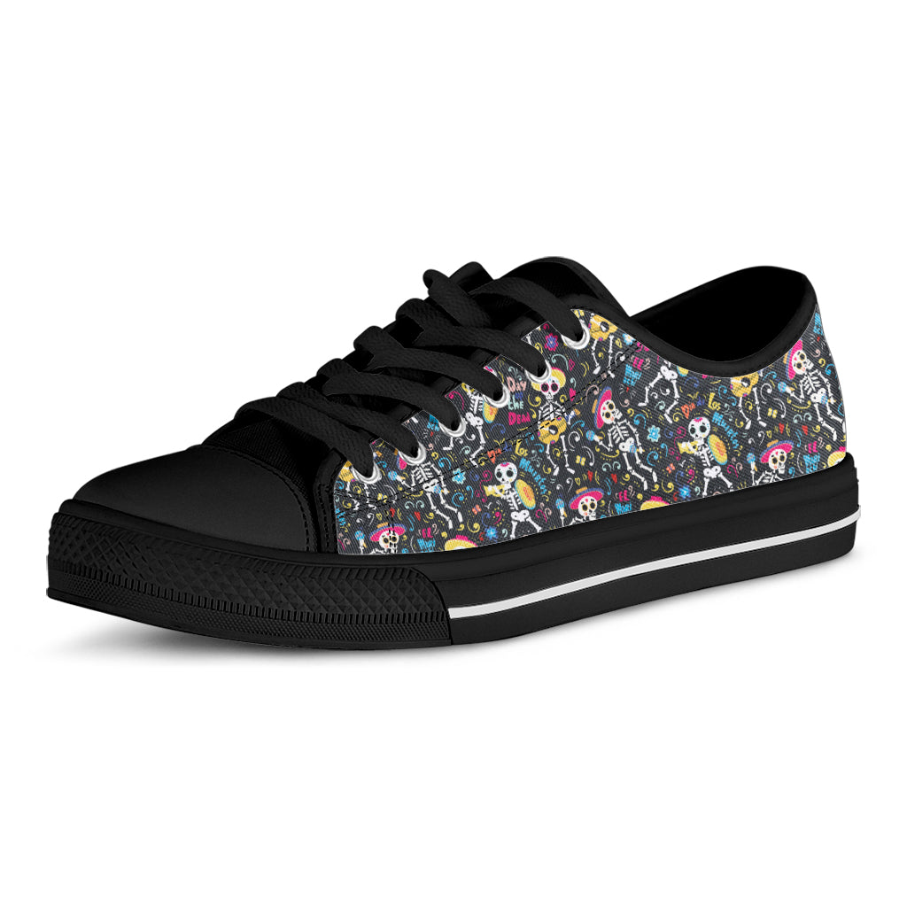 Day Of The Dead Mariachi Skeletons Print Black Low Top Shoes