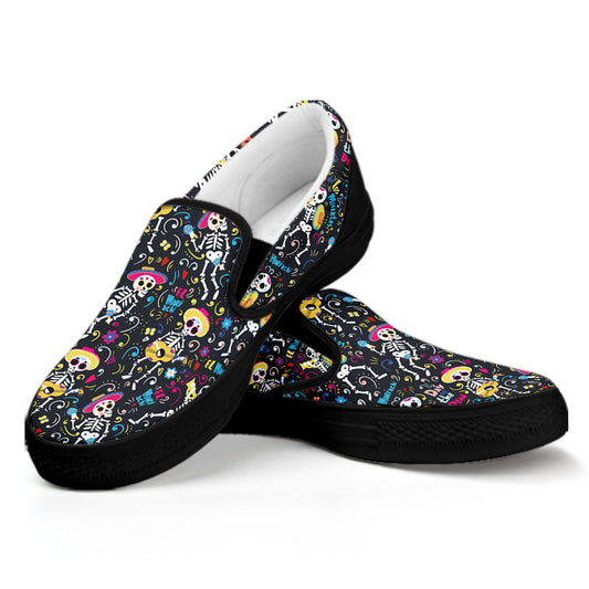 Day Of The Dead Mariachi Skeletons Print Black Slip On Shoes