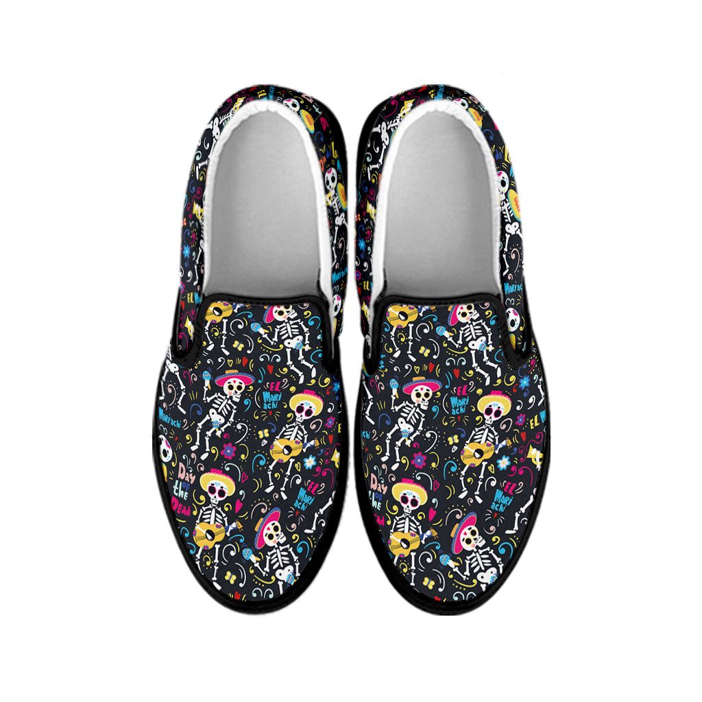 Day Of The Dead Mariachi Skeletons Print Black Slip On Shoes