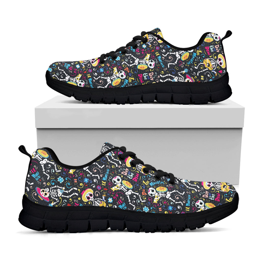 Day Of The Dead Mariachi Skeletons Print Black Sneakers