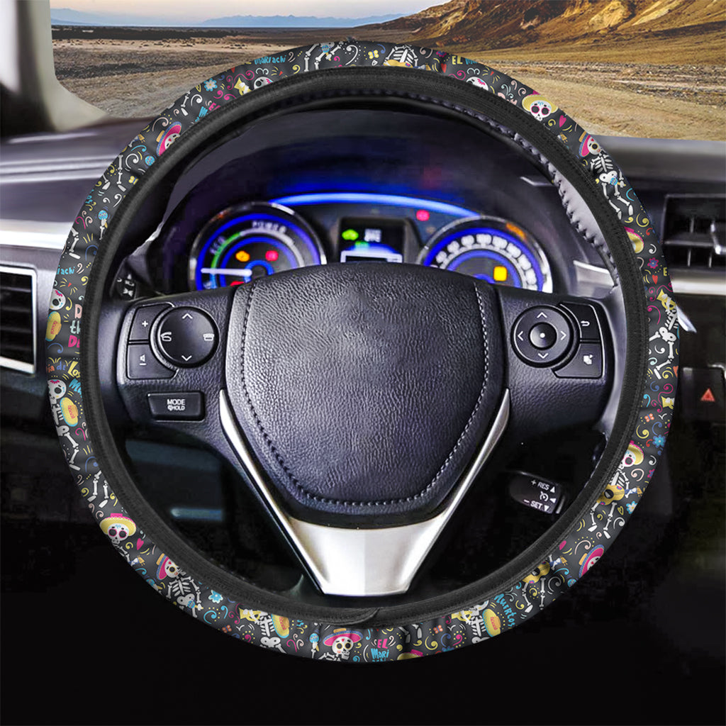 Day Of The Dead Mariachi Skeletons Print Car Steering Wheel Cover