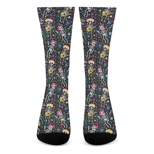 Day Of The Dead Mariachi Skeletons Print Crew Socks