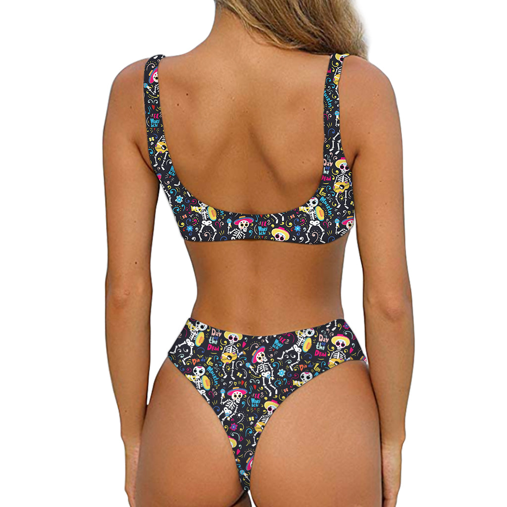 Day Of The Dead Mariachi Skeletons Print Front Bow Tie Bikini