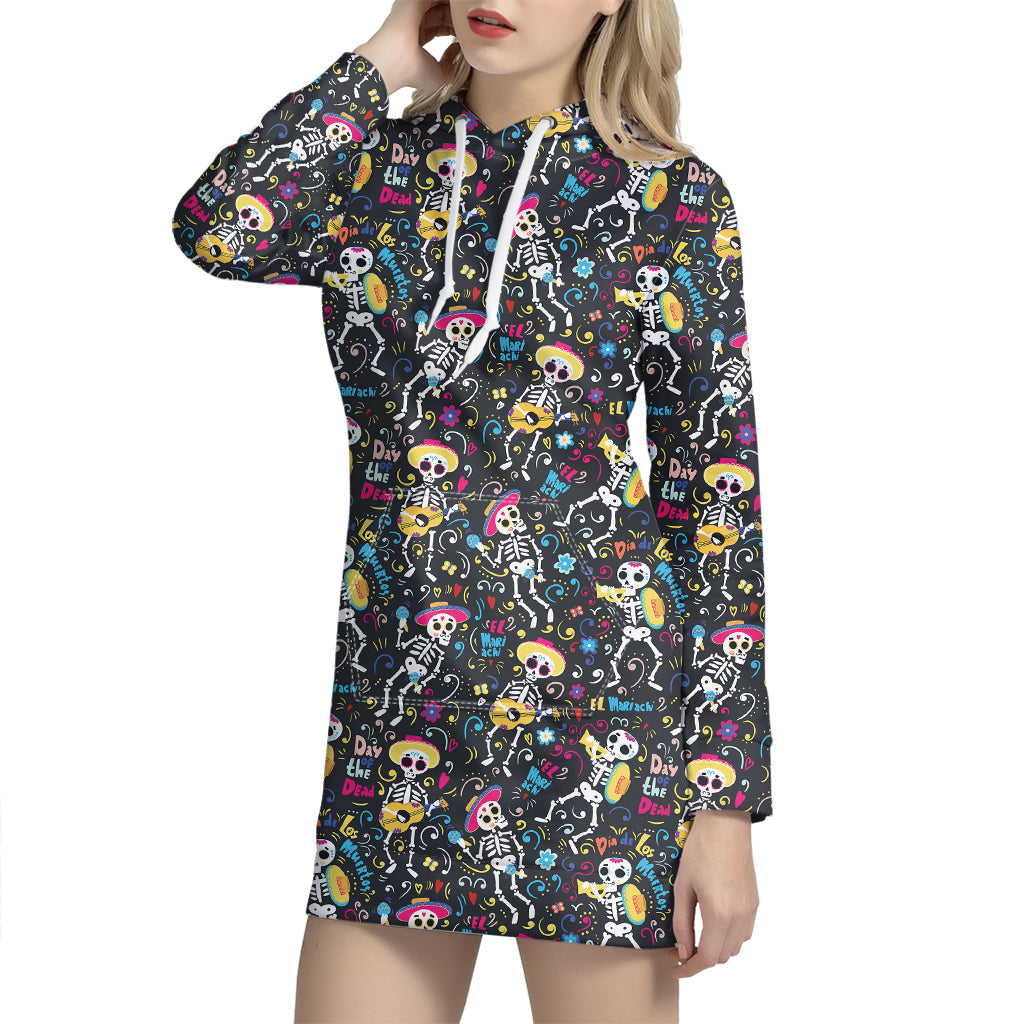 Day Of The Dead Mariachi Skeletons Print Hoodie Dress