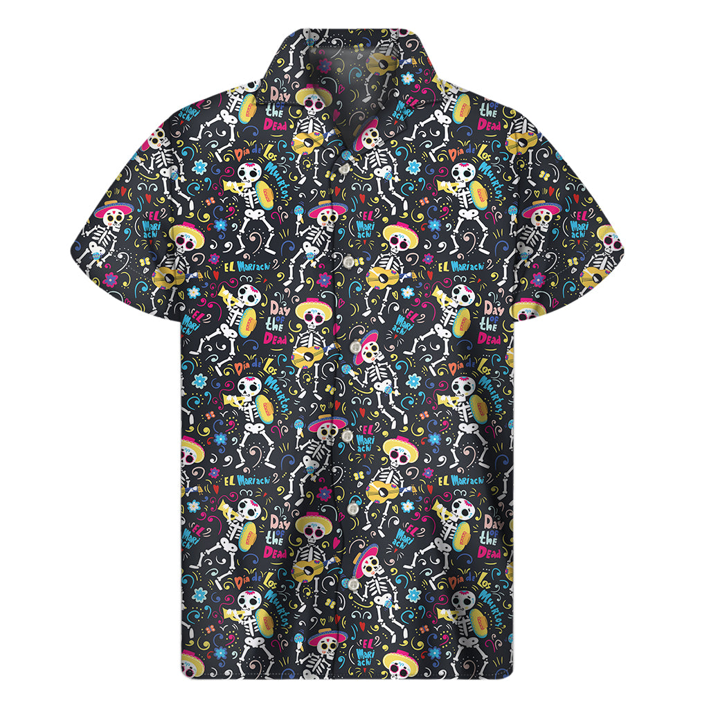 Day Of The Dead Mariachi Skeletons Print Men's Short Sleeve Shirt