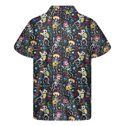 Day Of The Dead Mariachi Skeletons Print Men's Short Sleeve Shirt