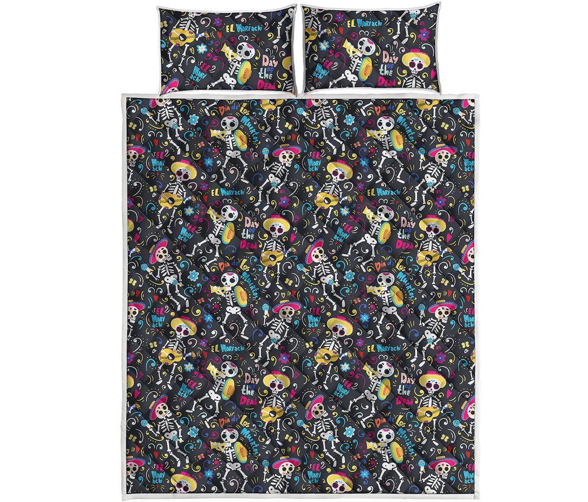 Day Of The Dead Mariachi Skeletons Print Quilt Bed Set