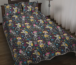 Day Of The Dead Mariachi Skeletons Print Quilt Bed Set