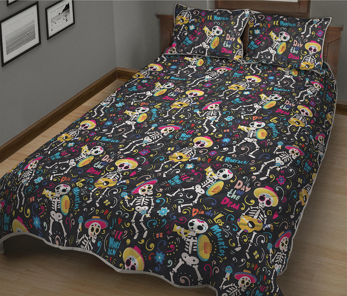 Day Of The Dead Mariachi Skeletons Print Quilt Bed Set