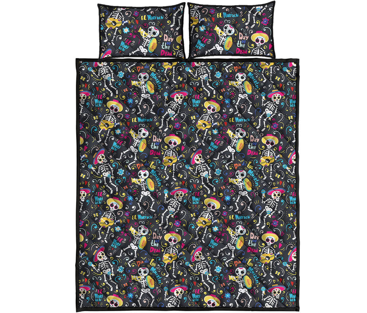 Day Of The Dead Mariachi Skeletons Print Quilt Bed Set