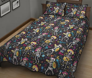 Day Of The Dead Mariachi Skeletons Print Quilt Bed Set