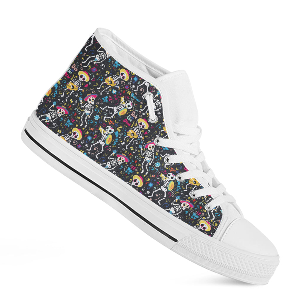 Day Of The Dead Mariachi Skeletons Print White High Top Shoes
